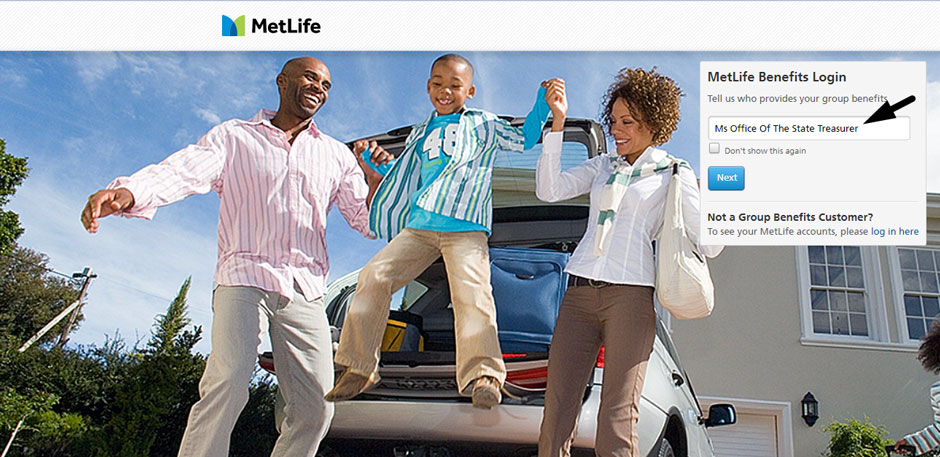 MetLife benefits login screen showing happy family